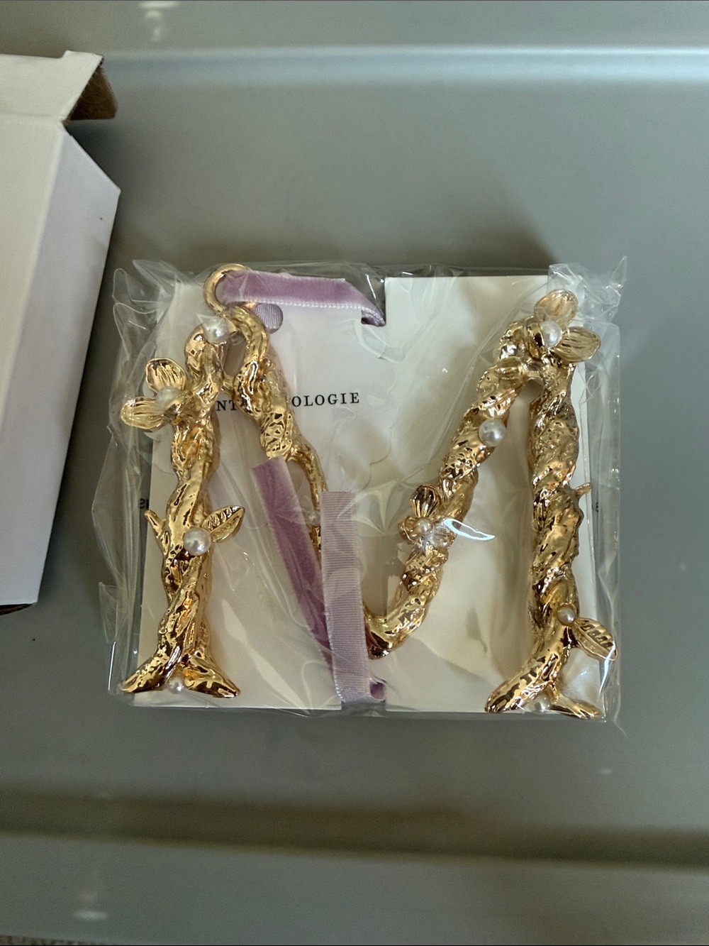 Anthropologie Gold Floral Pearl 'M' Hanging Ornament with Lilac Ribbon